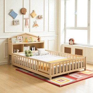 Mshliw Full Size Montessori Floor Bed with Storage Bookcase and Blackboard, Low Wood Platform Bed with Guardrails and Play Door for Kids and Teens - 1 of 4