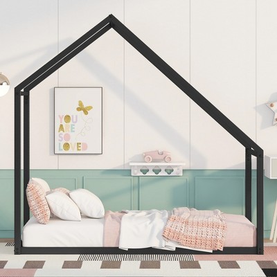 Twin Size Metal House Bed For Toddler Kids Teens Metal Frame Platform Bed With Roof For Bedroom Apartment