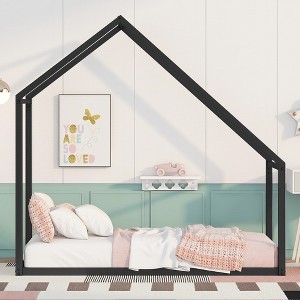 Twin Size Metal House Bed For Toddler Kids Teens Metal Frame Platform Bed With Roof For Bedroom Apartment - 1 of 4