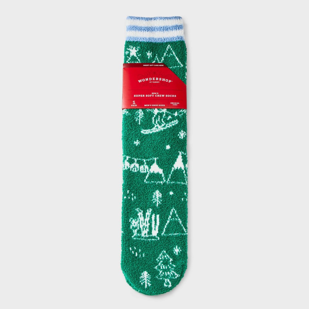 (PACK X12) Men's Santa Ski Scene Cozy Crew Socks with Gift Card Holder - Wondershop™ Green/White 6-12