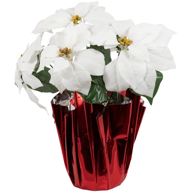 Northlight 14.5" White Artificial Christmas Poinsettia with Red Wrapped Base, 1 of 7