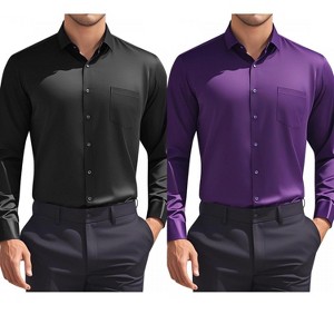INSPIRE CHIC Men's Solid Long Sleeves Regular Fit Business Button Down Dress Shirts 2 Packs - 1 of 4