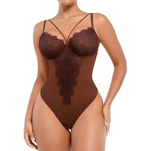 SHAPELLX Womens Lace Bodysuit for Large Bust Tummy Control Shapewear Backless Corset Top V Neck Thong Body Suits Shaper—Brown 38 - 1 of 3
