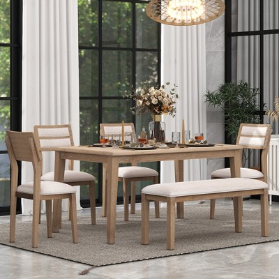 5 PCS Extendable Wood Dining Table Set with Round Table and 4 Upholstered  Chairs, Natural Wood Wash-ModernLuxe