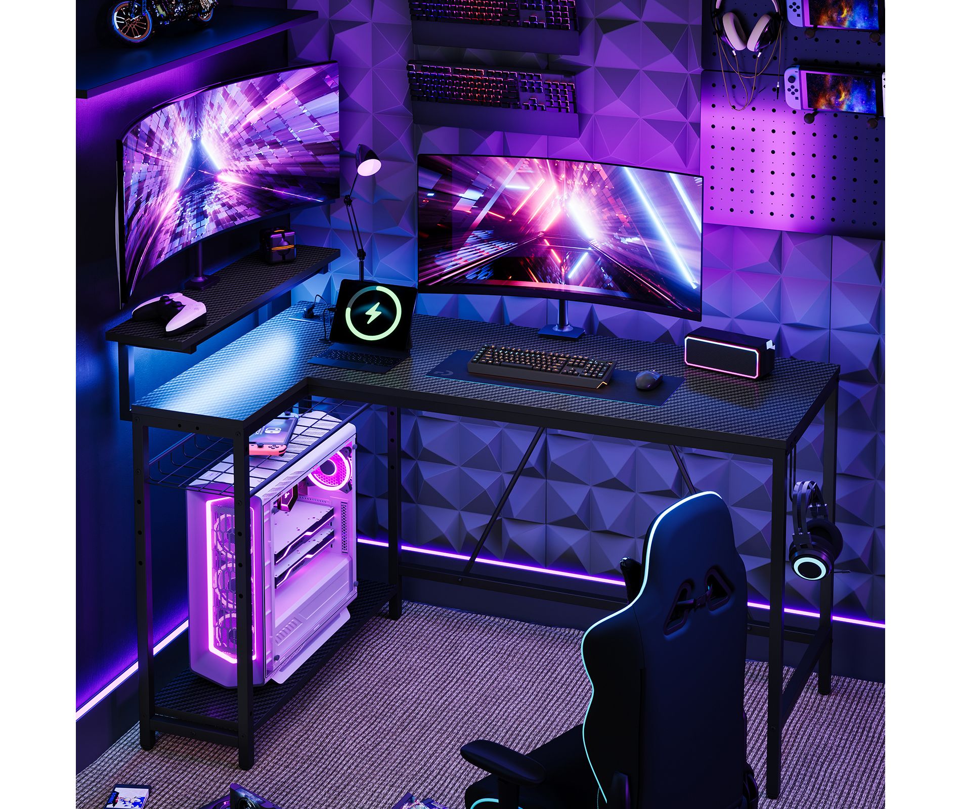 Bestier 52" Gaming Desk with LED Lights L Shaped Desk with Power Outlet & Monitor Stand Corner Computer Desk in Carbon Fiber
