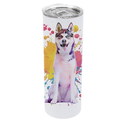 100 North 20 Ounce Stainless Steel On the Go Travel Tumbler With Push Top Lid, Siberian Husky Paint Splatter