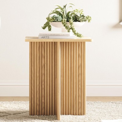 Stead Square Fluted Accent Side Table, Pedestal Drink Table, Modern Home, Bedroom, and Living Room Furniture (Natural Oak)