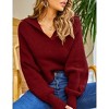 Women Soild Polo V Neck Sweater Long Puff Batwing Sleeve Knitwear Pullover Sweater Jumper Tops - 4 of 4
