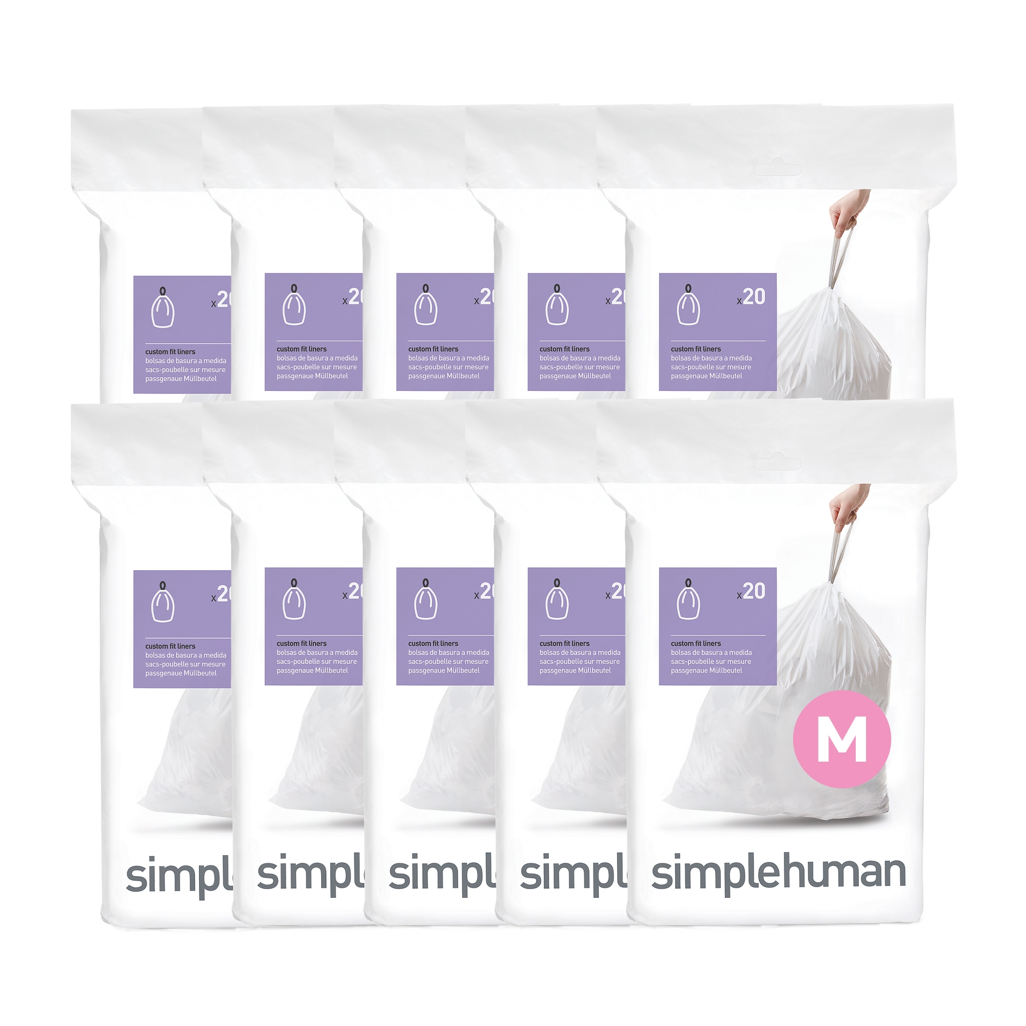 simplehuman Code M 200 Count, Genuine Custom Fit Liners, Drawstring Trash Bags in Dispenser Packs, 30-35 Liter / 8-9 Gallon, White