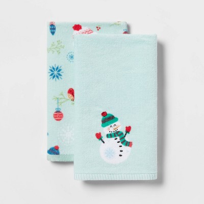 2pk Snowman Holiday Hand Towel Set Aqua - Wondershop™