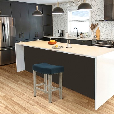 Navy Blue 24" Wooden Saddle Bar Stool with Linen Upholstery