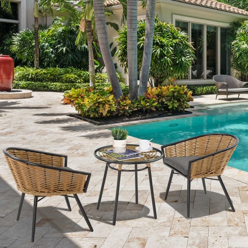 Outsunny 3 Pieces Patio PE Rattan Bistro Set, Outdoor Round Resin Wicker Coffee Set, w/ 2 Chairs & 1 Coffee Table Conversation Furniture Set, for Garden, Backyard, Deck, 3 of 7