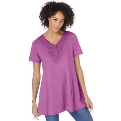 Woman Within Plus Size Rounded V-Neck Crochet Tunic