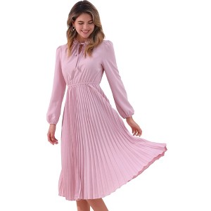 INSPIRE CHIC Women's A-Line Flowy Long Sleeve Tie V Neck Pleated Midi Dress - 1 of 4