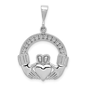 Black Bow Jewelry 14k White Gold Polished & Satin Claddagh Pendant, 21mm (13/16 inch) - 1 of 4