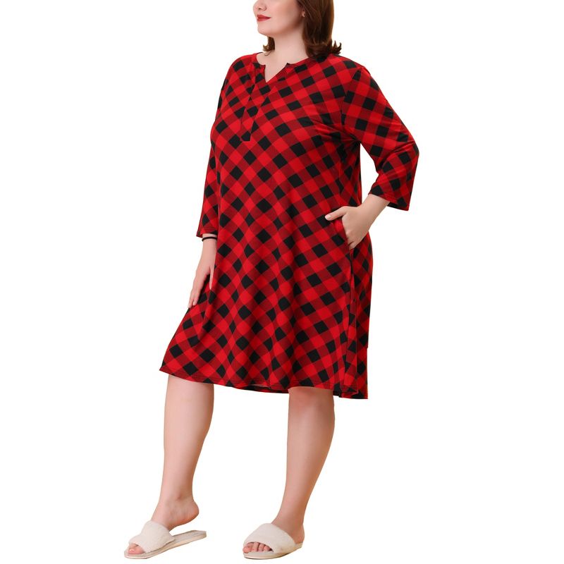 Agnes Orinda Women's Plus Size Comfort Plaid V Neck Lounge Nightgowns, 1 of 7