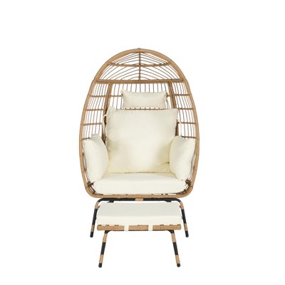 Cesicia 39*28.5*58.2 inch Wood Rattan +Beige Cushion Wicker Egg Chair with Ottoman and Thick Cushions for Porch, Backyard, Balcony
