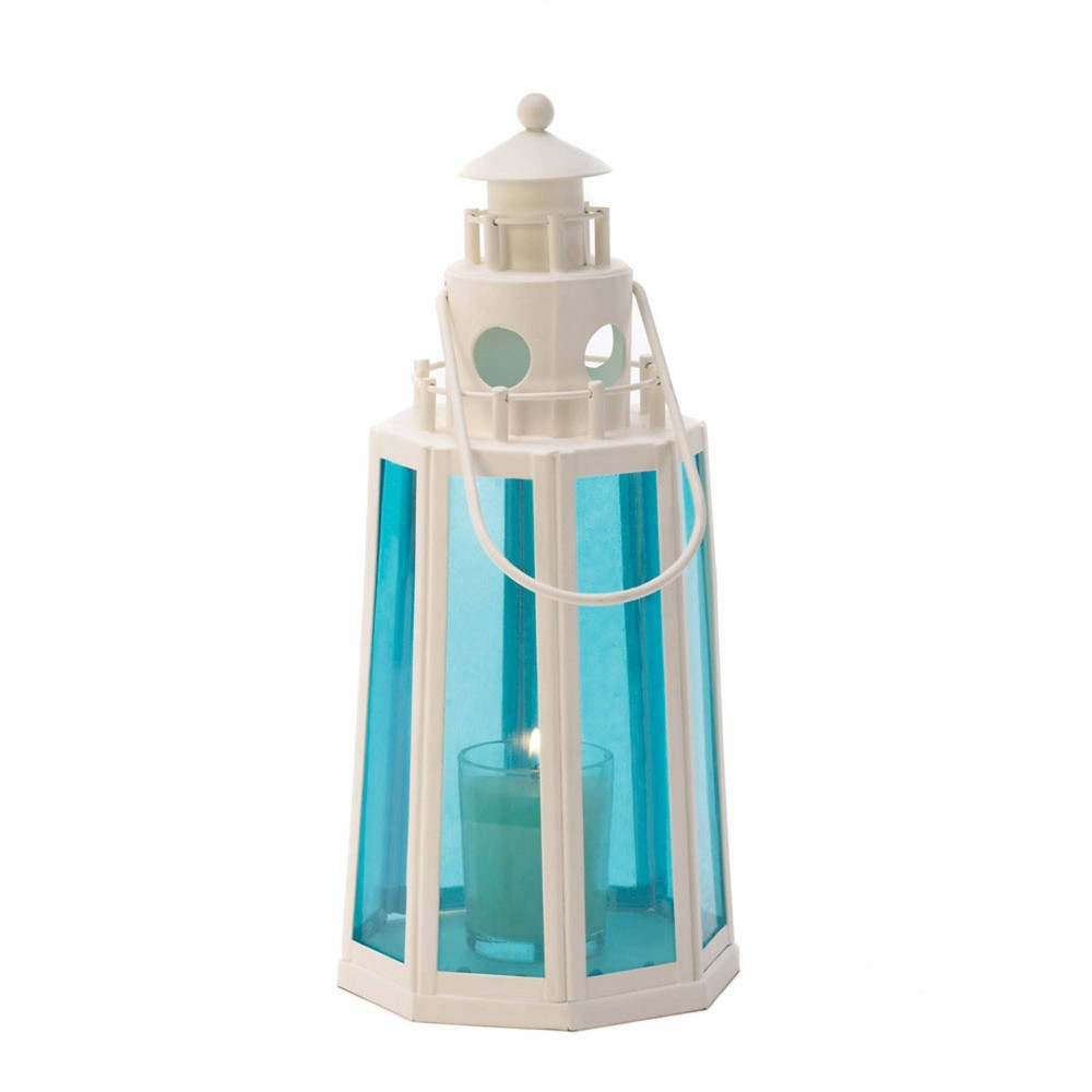 11" Iron Lighthouse Outdoor Lantern Ocean Blue - Zingz & Thingz: Candle Spike, Indoor/Outdoor Use