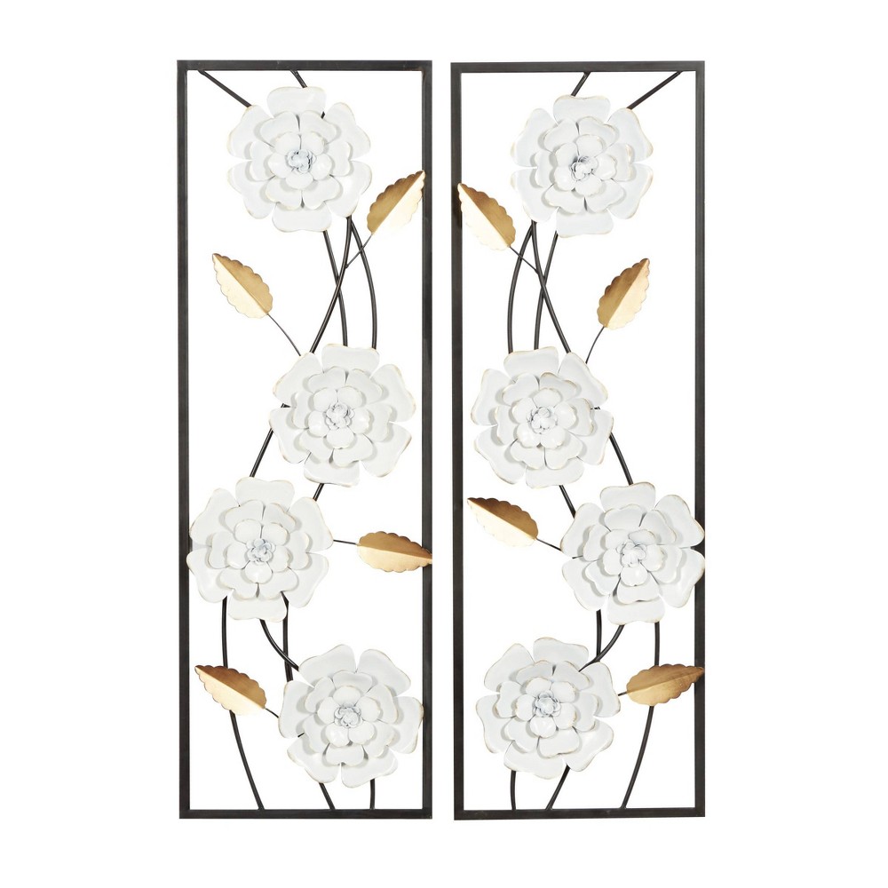 Photos - Wallpaper Olivia & May Set of 2 Metal Floral Wall Decors with Black Frame White : Iron Botanical Artwork, Vertical Orientation, Spot C