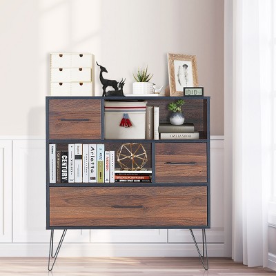 Walnut Multipurpose Sideboard Storage Cabinet with Metal Legs and Drawers
