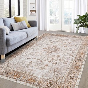 Washable Area Rug for Bedroom Vintage Low Pile Carpet Non-Slip Stain-Resistant No-Shedding Distressed Orange Dining Rugs - 1 of 4