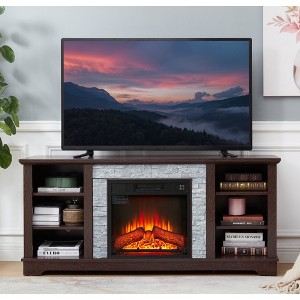 58" TV Media Stand with 18" Electric Fireplace Insert, Faux Stacked Stone Surround, Modern Entertainment Console with Open Storage - 1 of 4