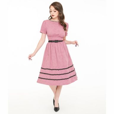 Unique Vintage Berry & Black Cotton Swing Dress