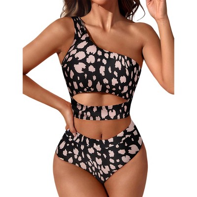 Women's 2025 Summer High Waisted Bikini Set One Shoulder Sleeveless Swimsuits 2 Piece Cutout Crop Top Beach Bathing Suit Solid Tummy Control Swimwear
