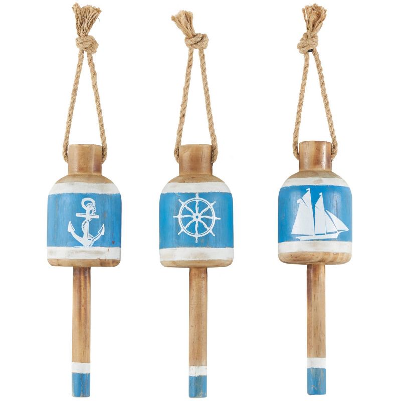 Set of 3 Wood Buoy Anchor Sailboat and Ship Wheel Wall Decors with Hanging Rope Blue - Olivia &#38; May, 1 of 10