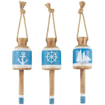 Set of 3 Wood Buoy Anchor Sailboat and Ship Wheel Wall Decors with Hanging Rope Blue - Olivia & May