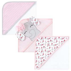 Hudson Baby Infant Girl Cotton Rich Hooded Towels, Floral Pretty Elephant, One Size - 1 of 4