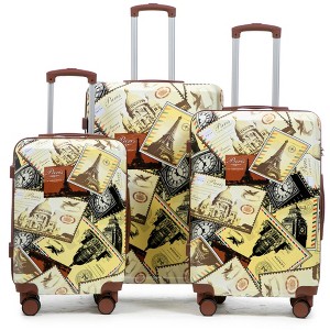 FONTOI 3pcs Luggage Sets 20"/24"/28" Carry On Luggage With Wheels Checked Luggage Stylish Suitcase Set With Printed Pattern, City Stamps, Multicolored - 1 of 4