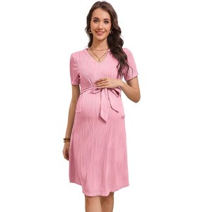 Women Short Sleeve Maternity Nursing Dress Casual V Neck Breastfeeding Loungewear Ribbed Knit Pregnancy Dresses - 1 of 4