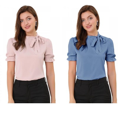 Allegra K Women's Elegant Bow Tie Neck Elastic Cuffs Office Short Sleeve Blouse 2 Pcs