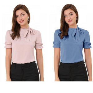 Allegra K Women's Elegant Bow Tie Neck Elastic Cuffs Office Short Sleeve Blouse 2 Pcs - 1 of 4