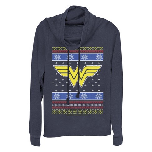 Junior's Wonder Woman Ugly Christmas Sweater Print Logo Cowl Neck Sweatshirt - image 1 of 4