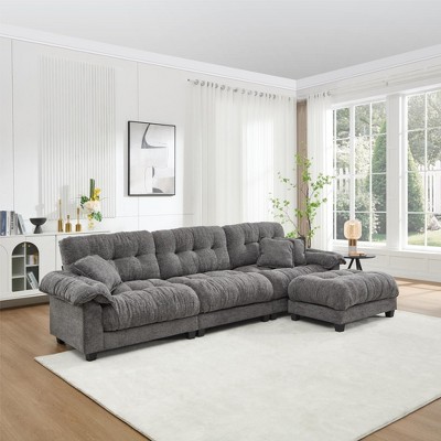 L-Shaped Sectional Sofas with Pleated Design and Matching Footstool for Living Room or Lounge Area