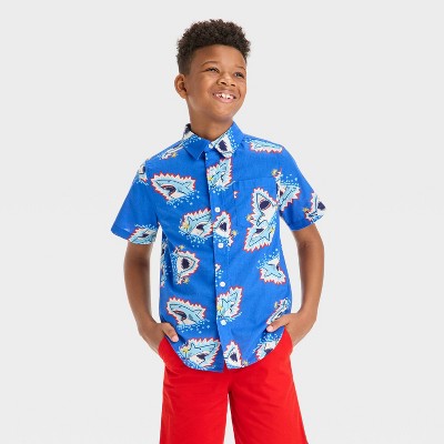 Boys' Short Sleeve 4th of July Shark Print Button-Down Shirt - Cat & Jack™ Blue