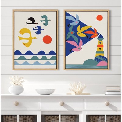Abstract Multicolor Birds on Canvas with Natural Frame
