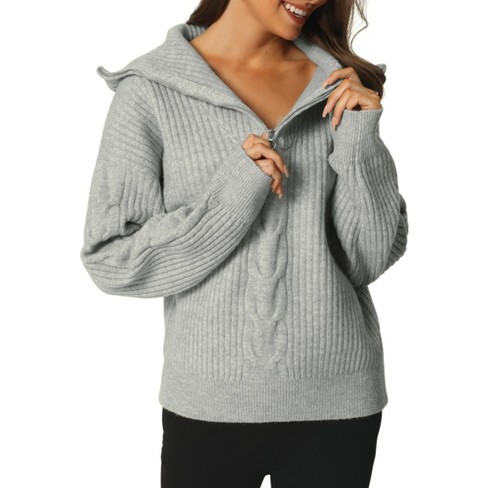 Seta T Women's Casual Long Sleeve Half Zip V Neck Collar Ribbed Knit  Sweater Grey M