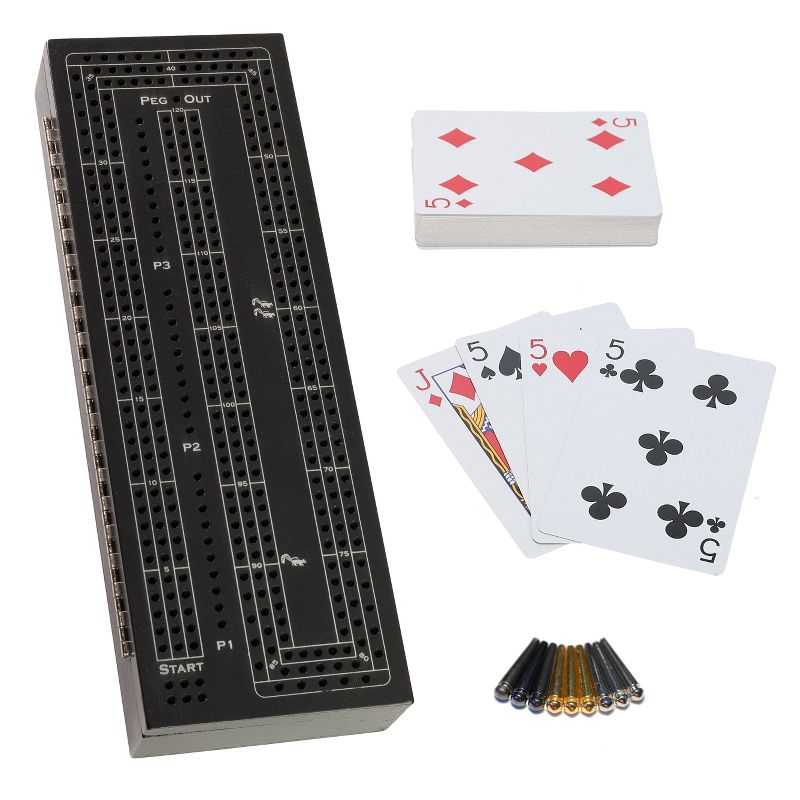 WE Games 3 Player Wooden Cribbage Set - Easy Grip Pegs and 2 Decks of Cards Inside of Board, 1 of 6