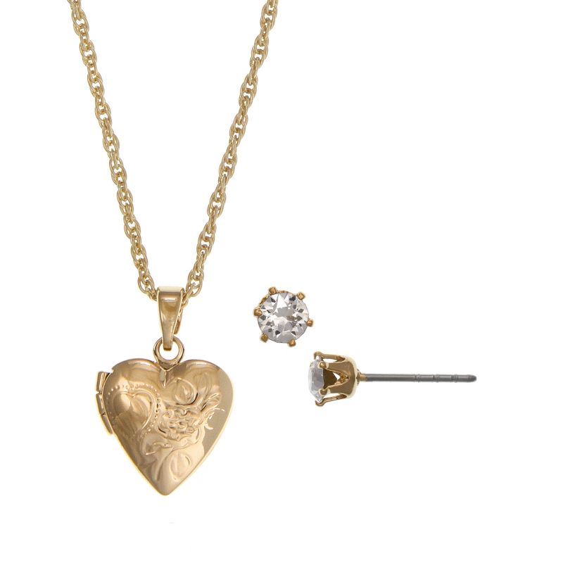 FAO Schwarz Heart Locket Necklace and Stud Earring Set, 1 of 5