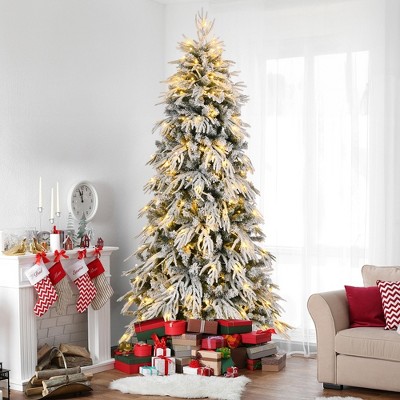 Whisen 8FT Slim Flocked Artificial Christmas Tree with 950 Premium PE & PVC Tips, 350 Warm LED Lights