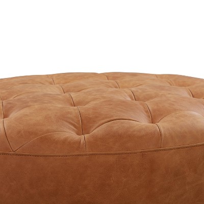 Cognac Tan Round Tufted Leather Ottoman