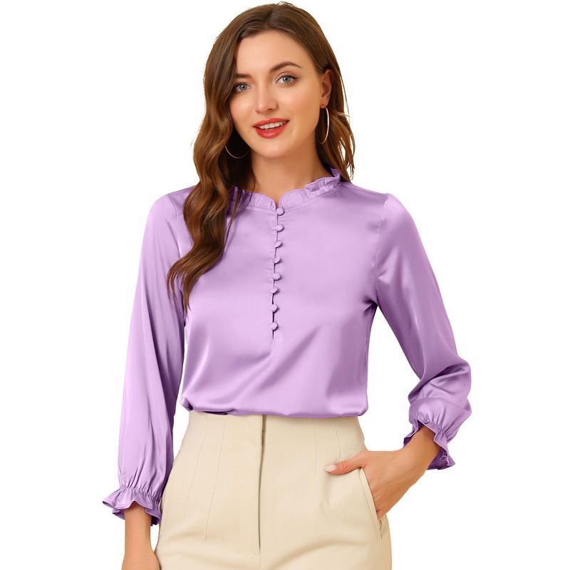 Allegra K Women's Ruffle Neck Long Sleeve Elastic Cuff Button Work Office Satin Shirt Blouse, 1 of 7