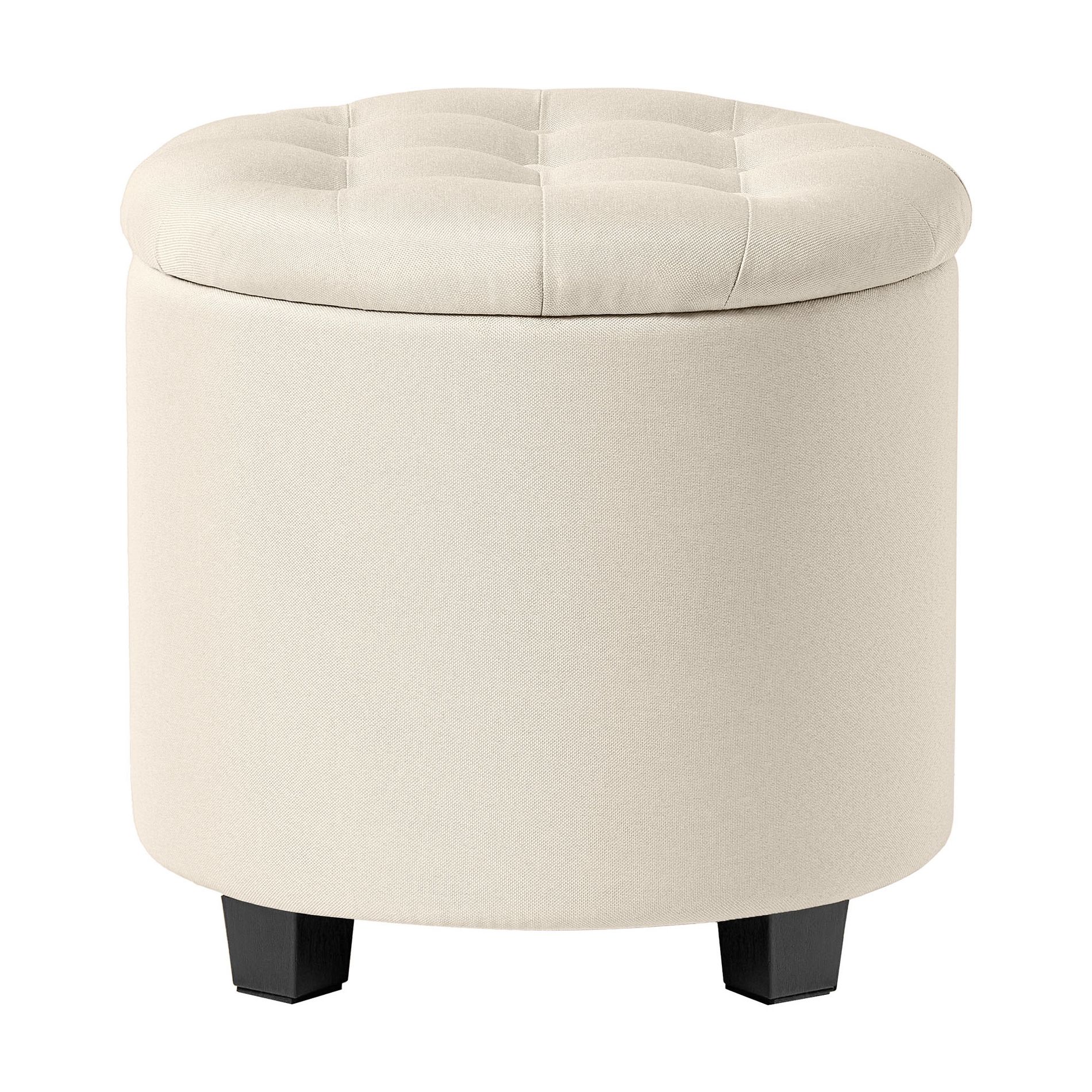 Round Storage Ottoman - 17.7" Foot Rest with Hidden Compartment, 330lb Capacity, Linen-Look Upholstery, Versatile for Living Room & Bedroom, White