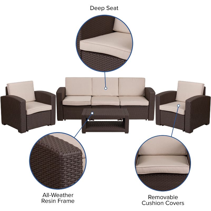 Flash Furniture 4 Piece Outdoor Faux Rattan Chair, Sofa and Table Set in Chocolate Brown, 4 of 12