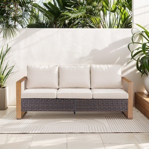POCASSY 74.8" Outdoor 3-Seater Sofa with Meatl Armrest, Outdoor Furniture Sofa with Faux Wood Square Armrest and High Back for Porch Deck - 1 of 4