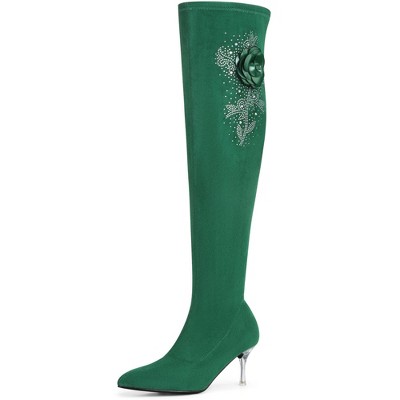 BLISSFUL STEP Women's Pointed Toe Stiletto Heel Rhinestone Flower Over the Knee High Boots