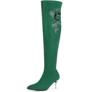 BLISSFUL STEP Women's Pointed Toe Stiletto Heel Rhinestone Flower Over the Knee High Boots - 1 of 4